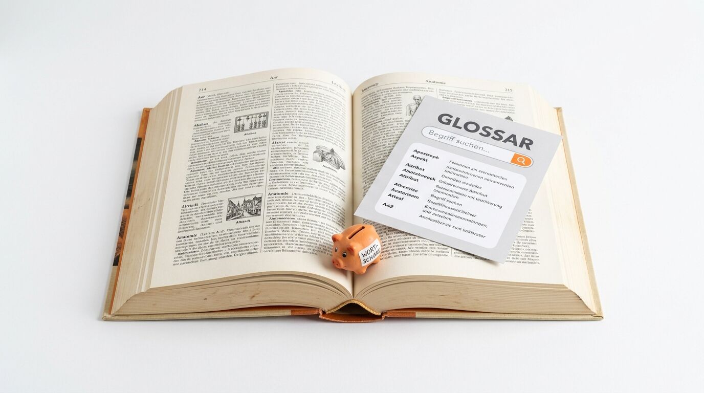 Offenes Lexikon mit kleinem Sparschwein und einer Glossar-Grafik auf den Seiten