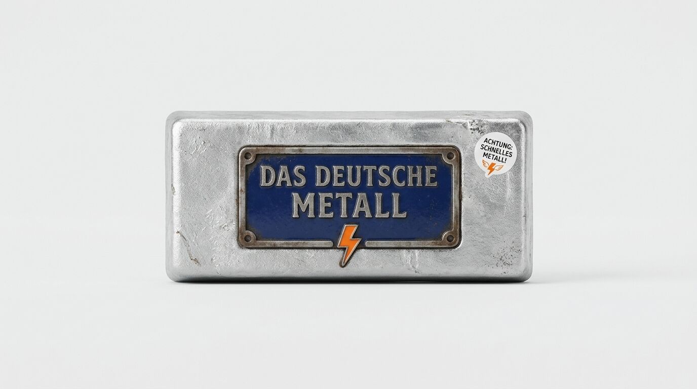 Rechteckiger Barren aus silbernem Metall mit Plakette und Blitz auf weißem Hintergrund