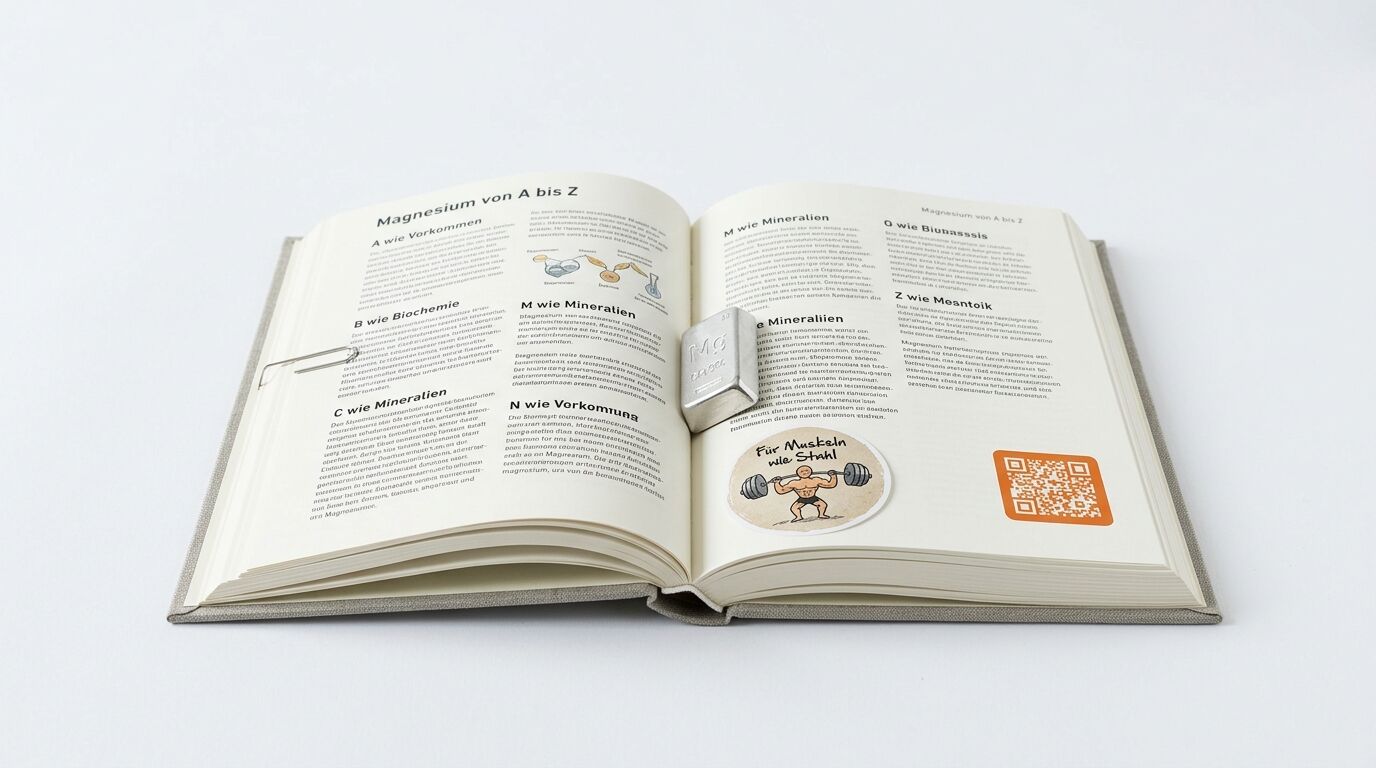 Geöffnetes Buch über Magnesium mit Infografiken, einem Metallbarren, einem Aufkleber und QR-Code