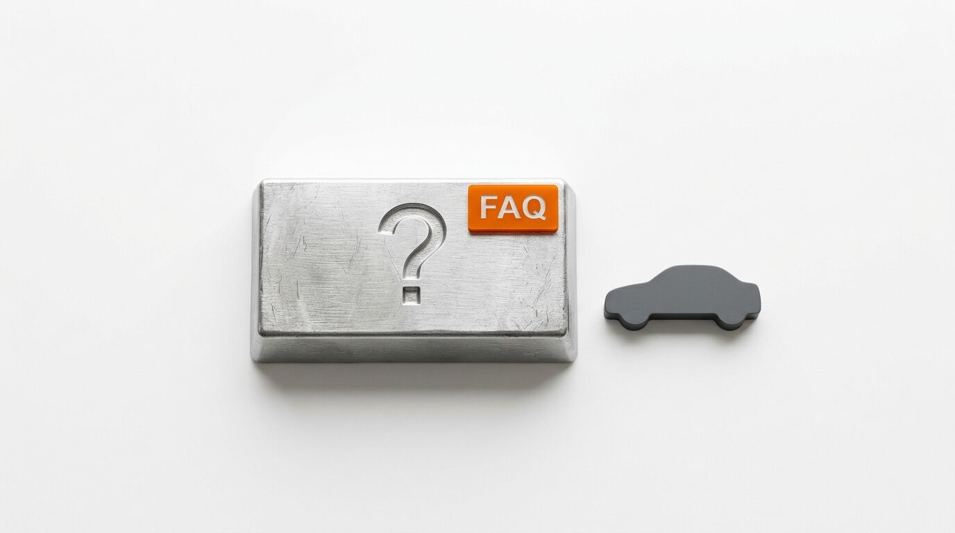 Metallbarren mit Fragezeichen und FAQ-Schild neben einer grauen Autosilhouette