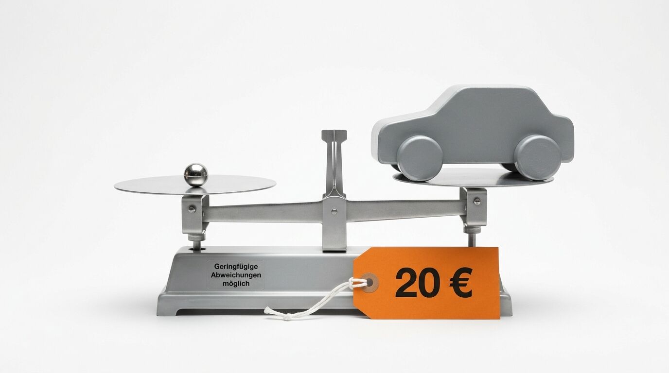 Balkenwaage mit Spielzeugauto und Kugel sowie einem 20 € Preisschild auf weißem Grund