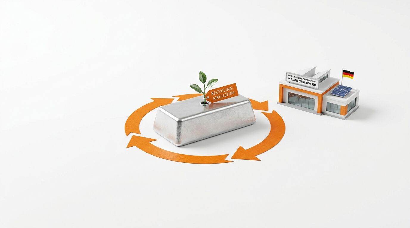 Barren mit Keimling, Recyclingpfeilen und Modell Magnesiumwerk