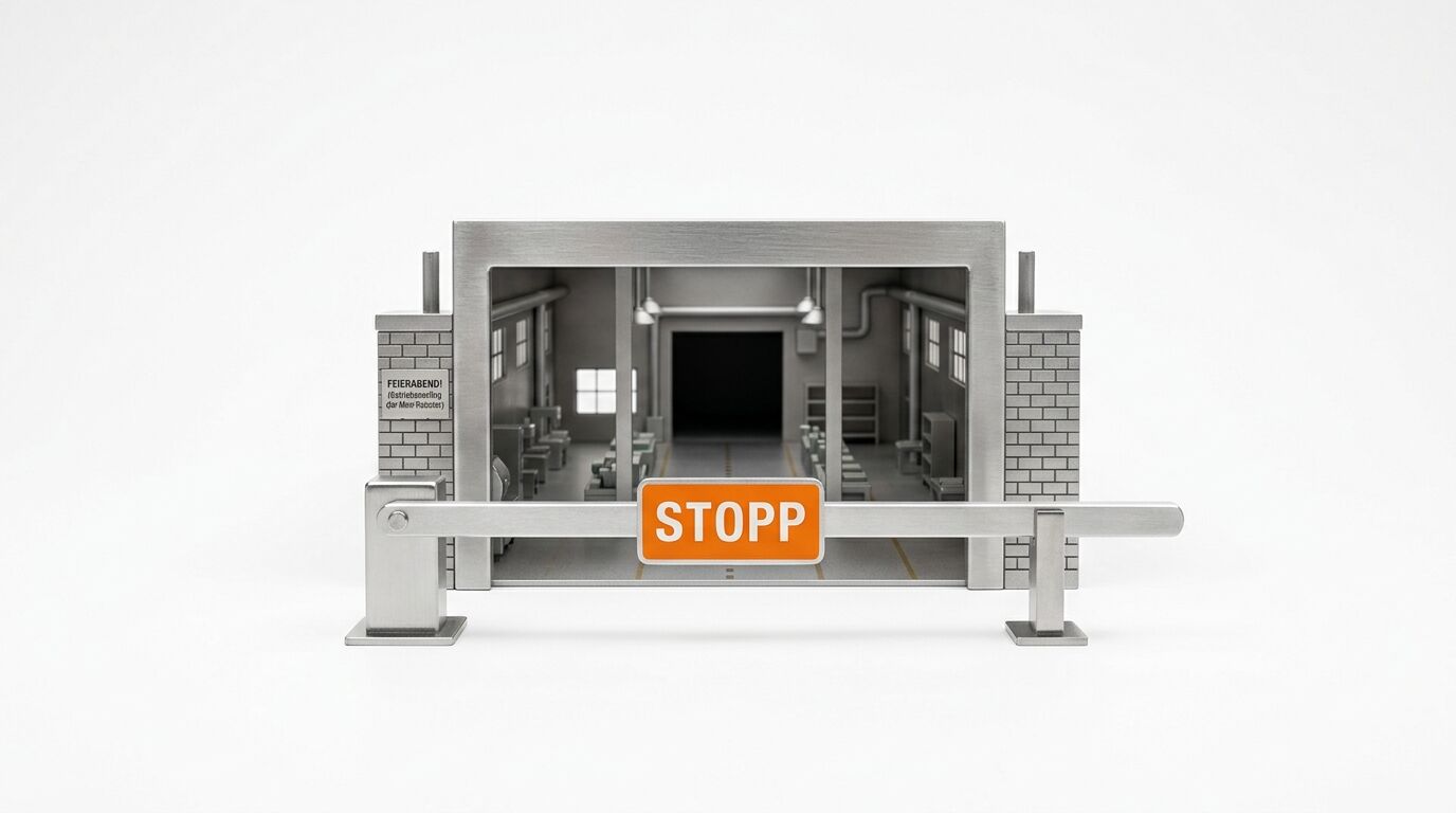 Diorama einer Fabrikshalle mit geschlossener Schranke und „STOPP“-Schild davor auf Weiß