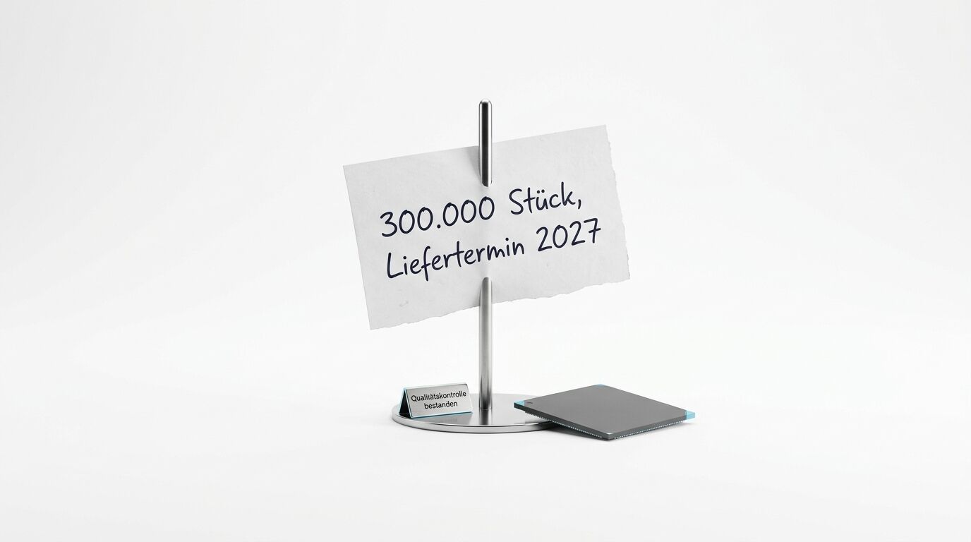Zettelhalter mit Notiz: 300.000 Stück, Liefertermin 2027; daneben Chip und Prüf-Plakette