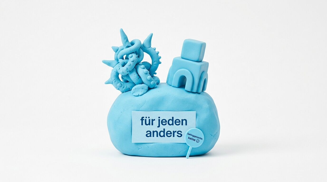 Hellblaue Knetfiguren mit dem Text „für jeden anders“ auf weißem Grund