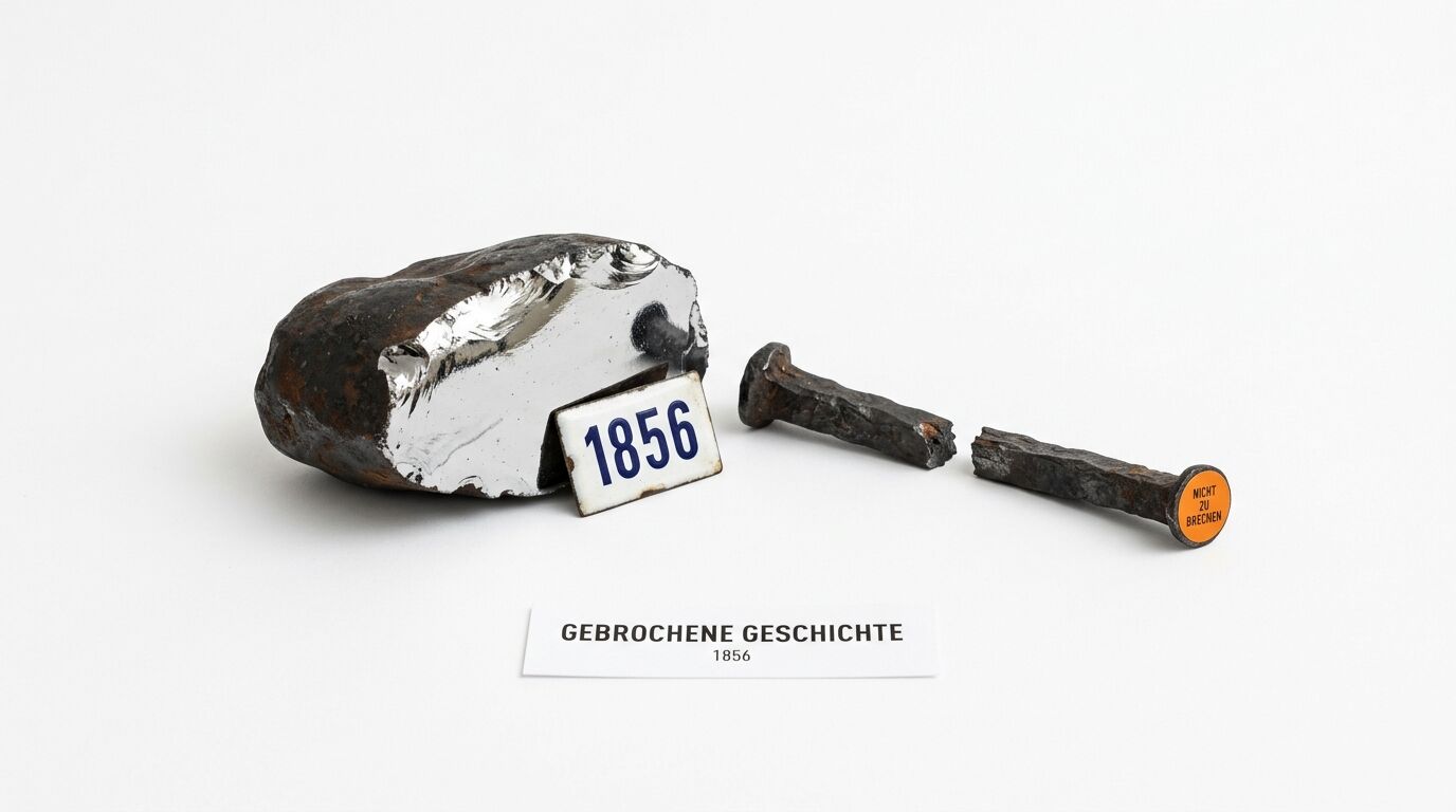 Gesplitterter Stein mit Plakette „1856“, gebrochener Nagel, Etikett „GEBROCHENE GESCHICHTE“