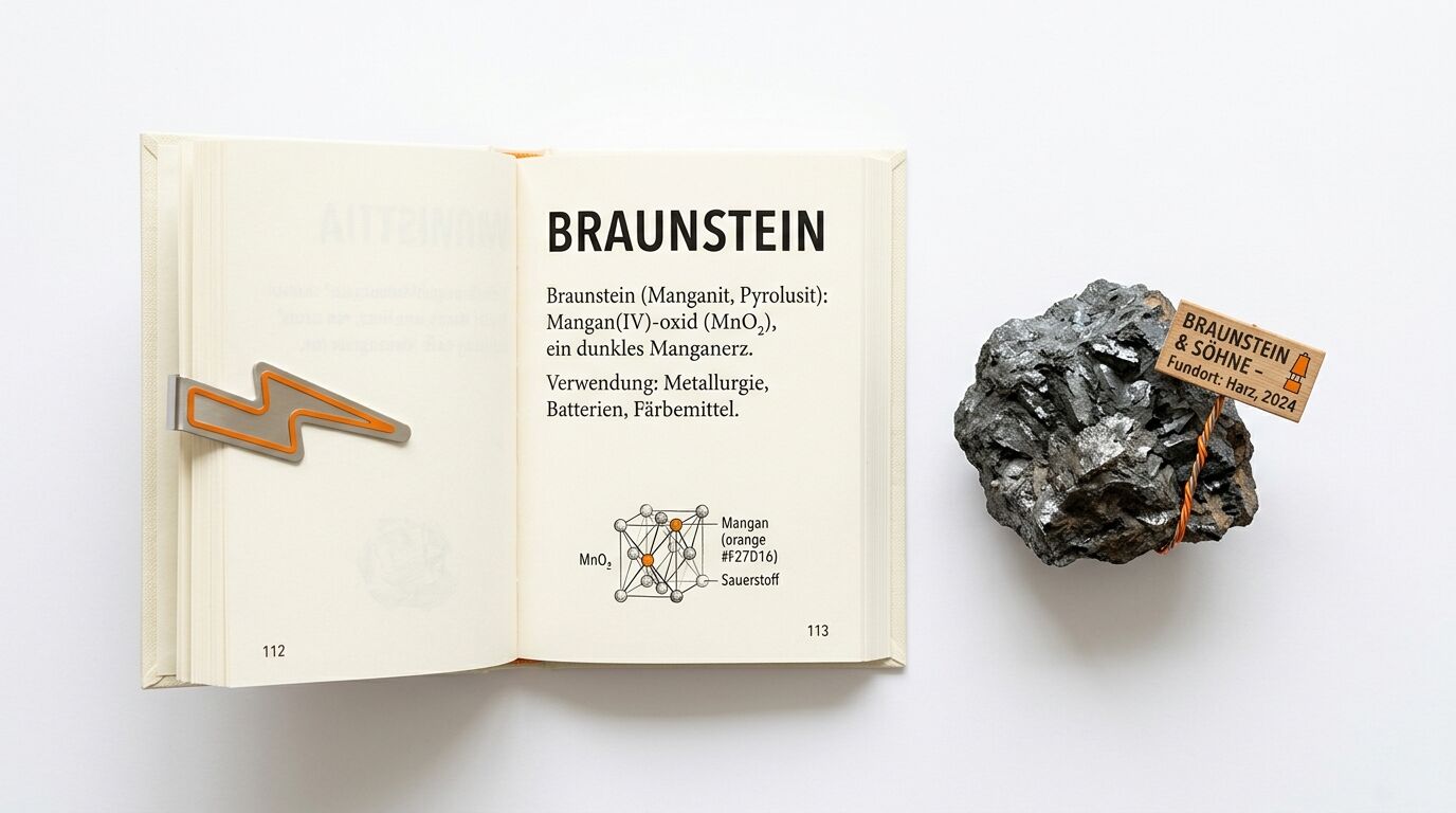 Buchseite mit Text „BRAUNSTEIN“ und Gesteinsprobe mit Holzschild