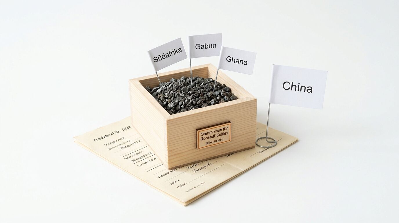 Sammelbox mit Manganerz, Länderflaggen und Frachtbriefen auf weißem Grund