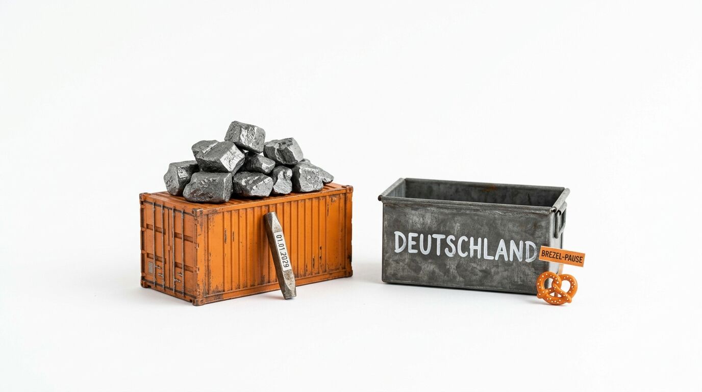 Ein beladener Container und eine leere Box mit Aufschrift DEUTSCHLAND und Brezel