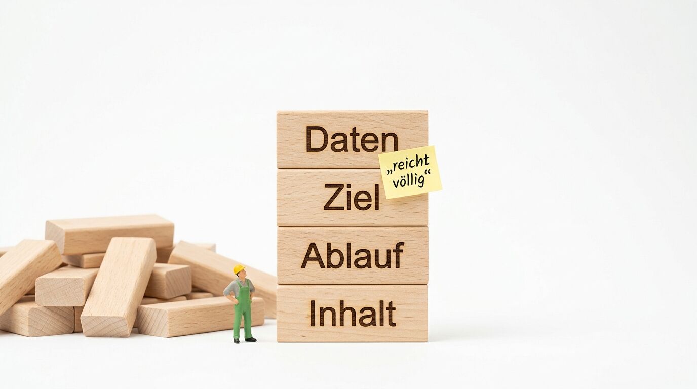 Ein Miniatur-Bauarbeiter steht vor einem Turm aus bedruckten Holzklötzen
