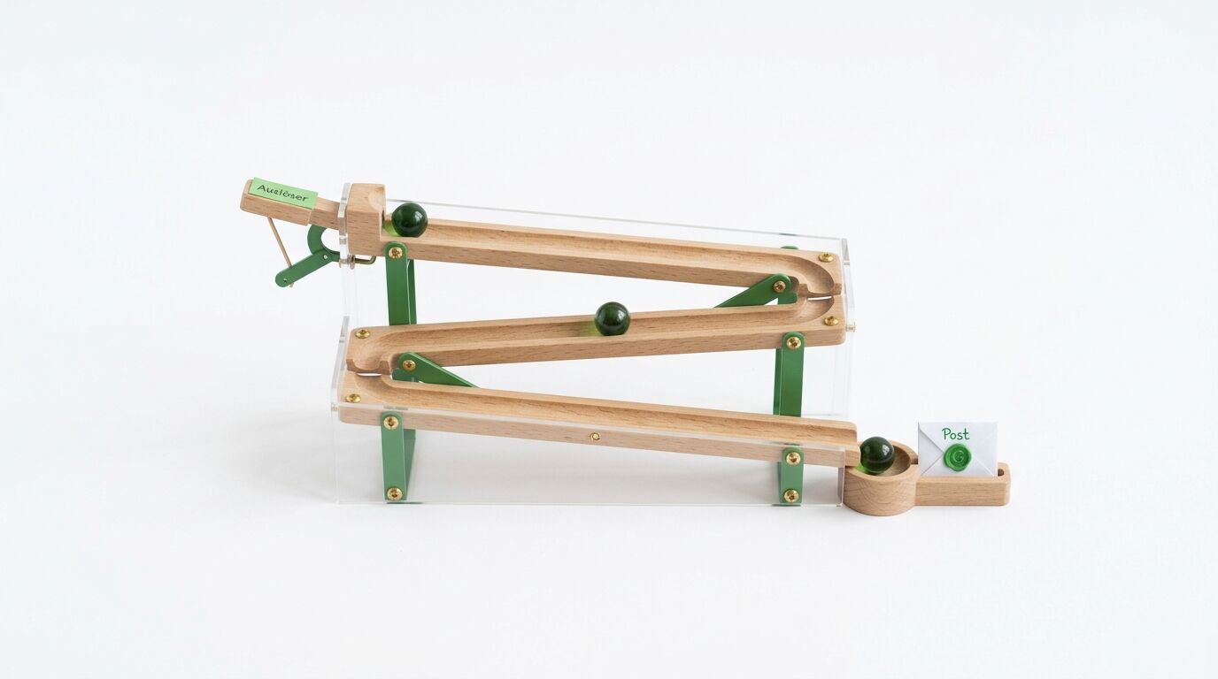 Eine Kugelbahn aus Holz mit grünen Murmeln, grünem Gestell und Brief vor weißem Hintergrund