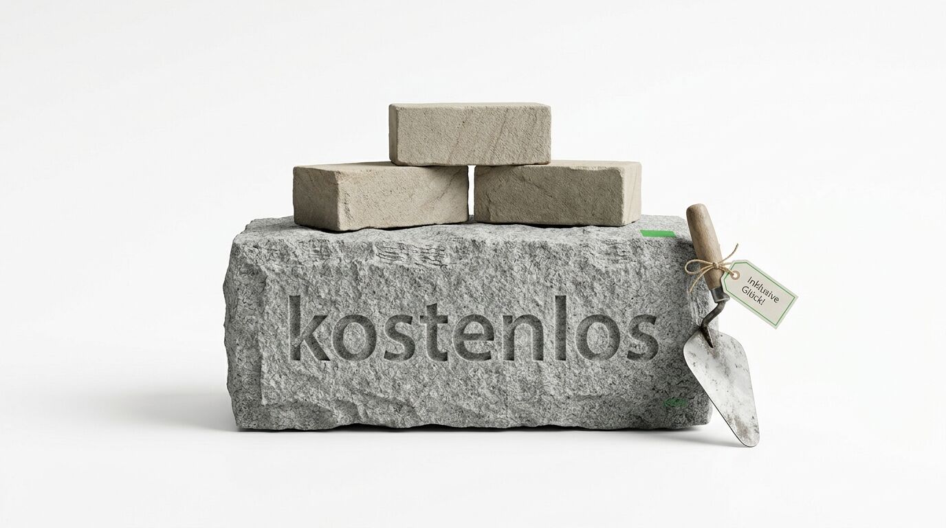Drei Ziegelsteine auf einem Granitblock mit Inschrift, daneben eine Maurerkelle mit Anhänger