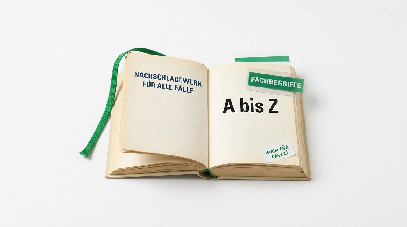 Offenes Buch mit Text, grünem Lesezeichen, transparentem Reiter und Aufkleber auf Weiß