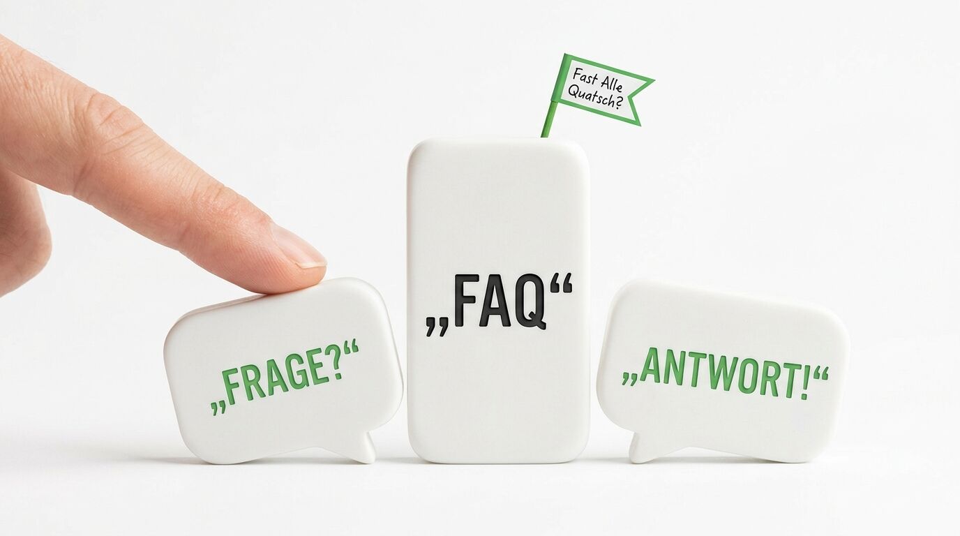 Finger zeigt auf Sprechblasen mit „FRAGE?“, „FAQ“ und „ANTWORT!“ sowie Flagge