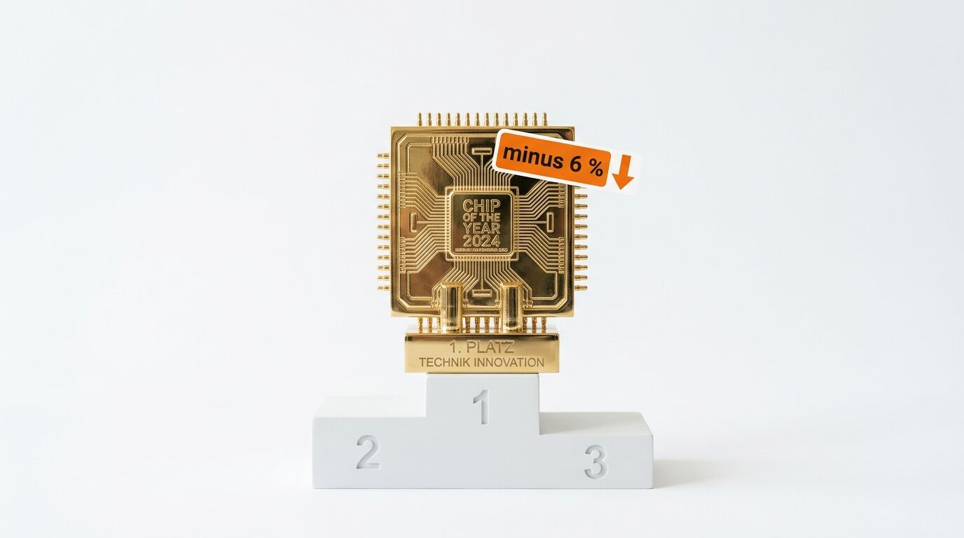 Ein Pokal in Form eines goldenen Chips auf einem weißen Siegerpodest mit einem Sticker