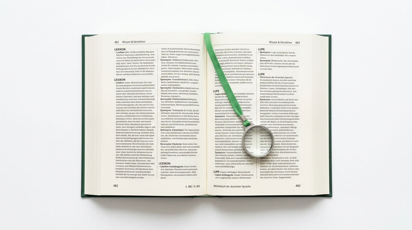Aufgeschlagenes deutsches Wörterbuch mit einer Lupe, die den Text