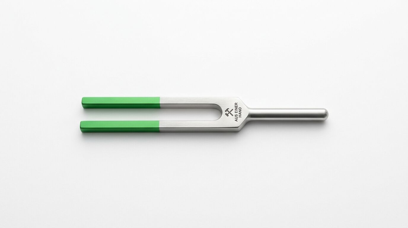 Stimmgabel aus Metall mit grünen Enden und Gravur auf weißem Grund