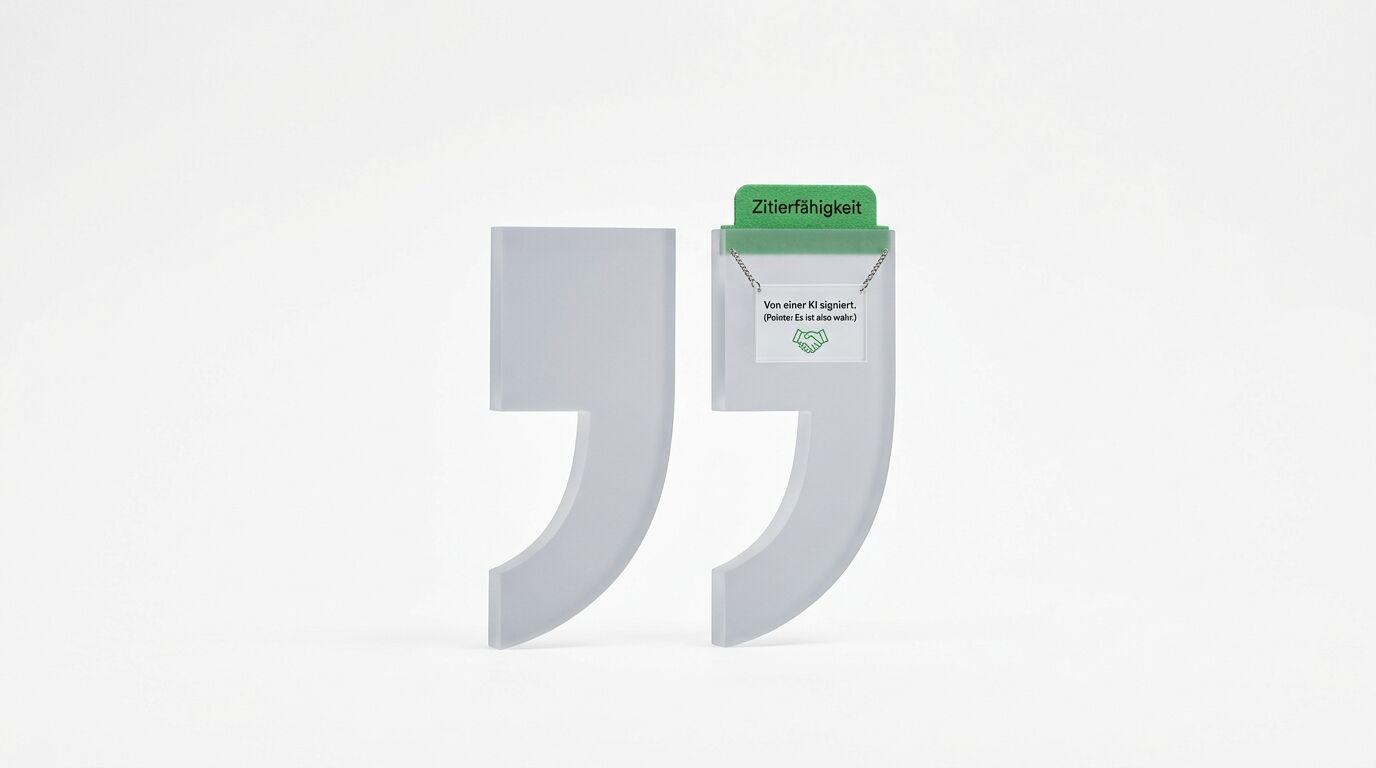 Graue 3D-Anführungszeichen mit grünem Reiter, kleiner Plakette an Kette und weißem Text