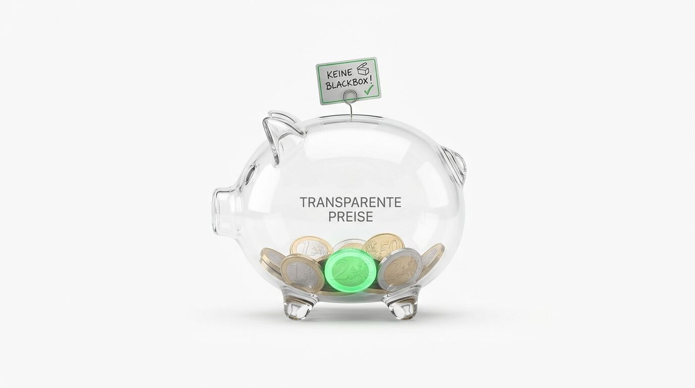 Gläsernes Sparschwein mit Münzen und Text: TRANSPARENTE PREISE, KEINE BLACKBOX!
