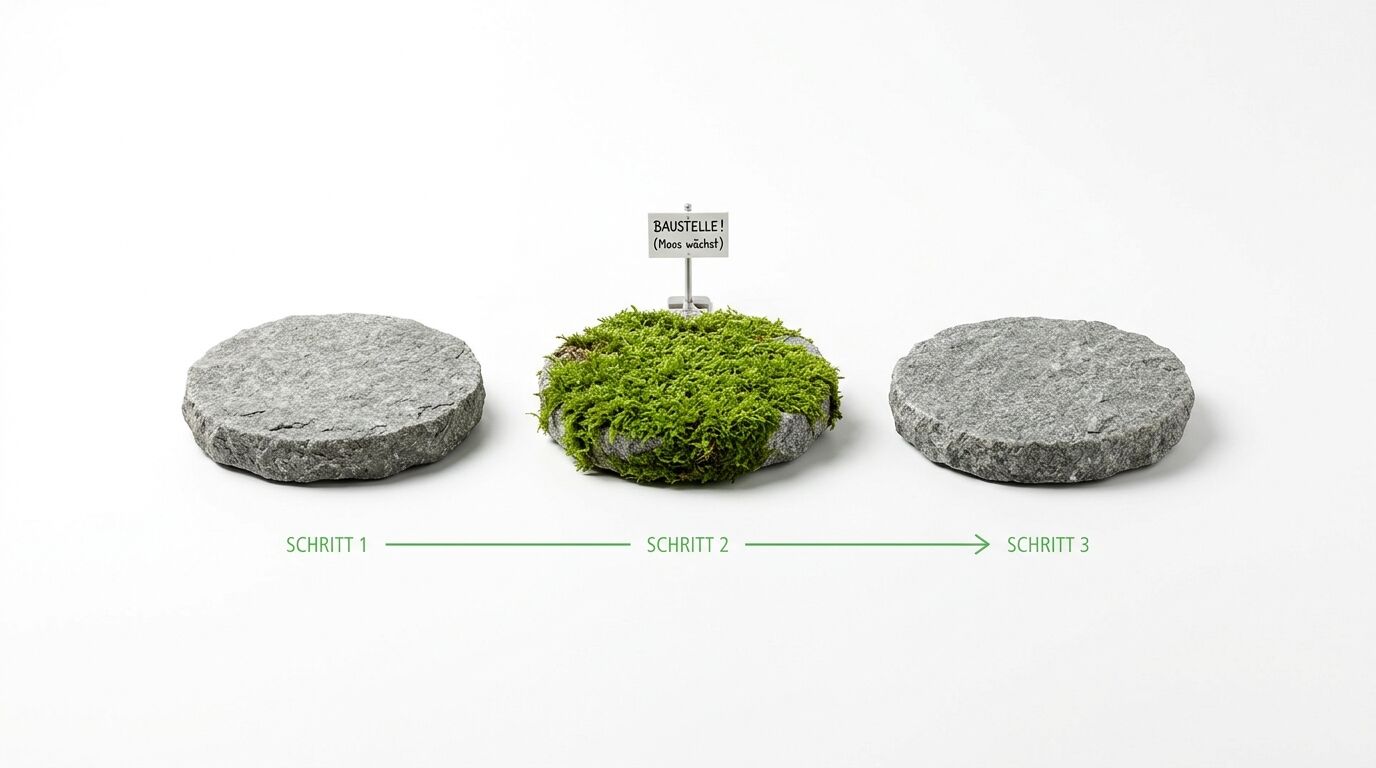 Drei Granitplatten; mittlere mit Moos und Schild „BAUSTELLE! (Moos wächst)“, grüne Pfeile unten