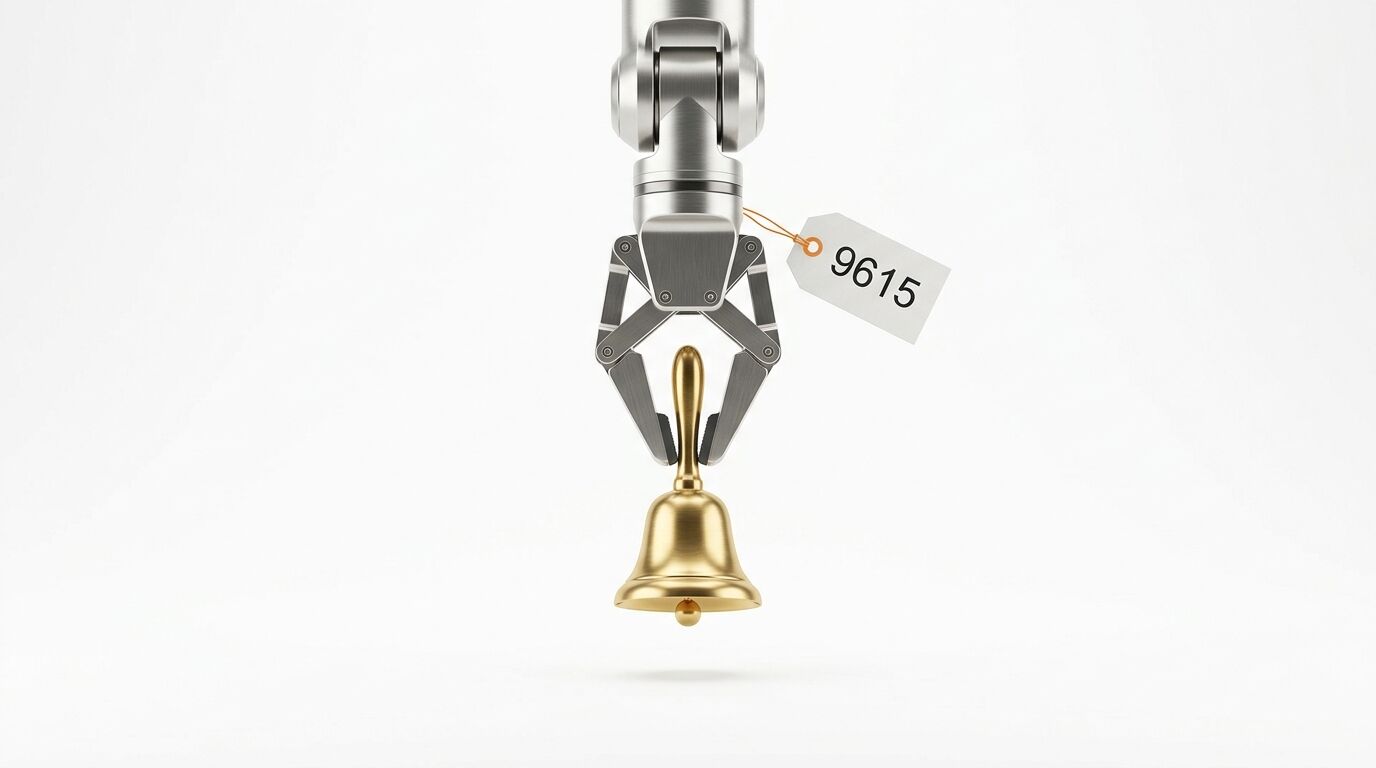 Roboterarm hält goldene Glocke; Anhänger mit Zahl 9615 am Gelenk befestigt