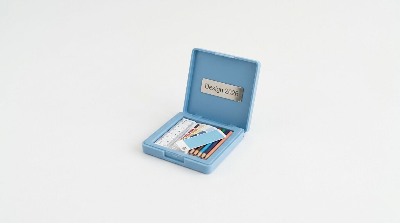 Geöffnete blaue Plastikbox mit Buntstiften, Lineal, Farbfächer und Plakette „Design 2026“