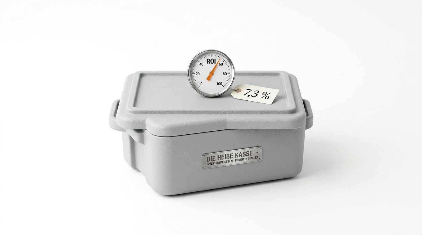 Graue Kiste mit Beschriftung, darauf ein Manometer mit der Aufschrift „ROI“ und ein Etikett