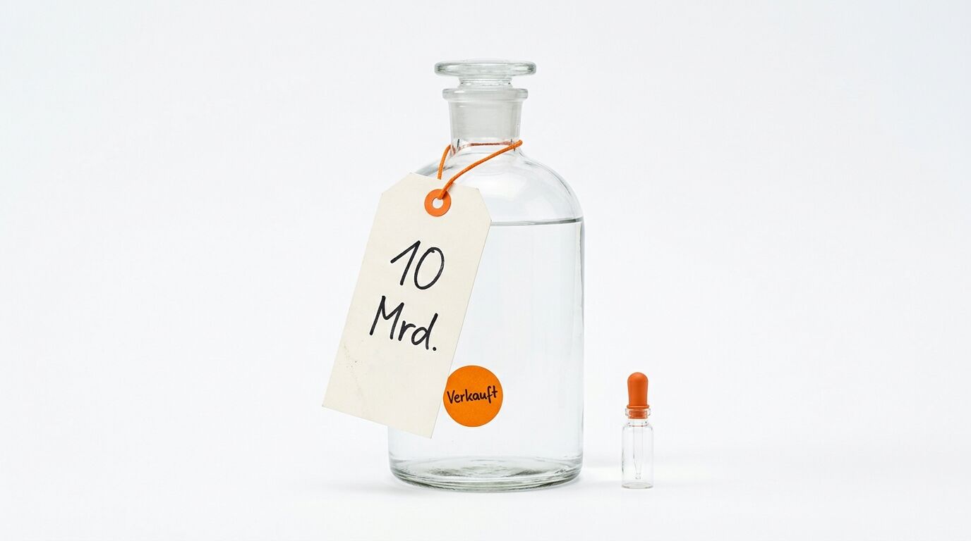 Glasflasche mit Preisschild und kleinem Fläschchen vor weißem Hintergrund