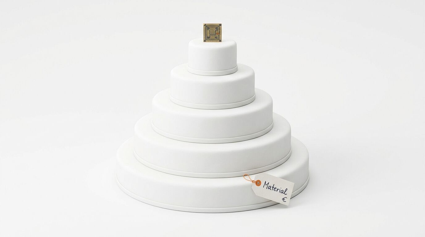 Stapeltorte aus weißen Zylindern mit Mikrochip oben und Anhänger „Material €“ unten