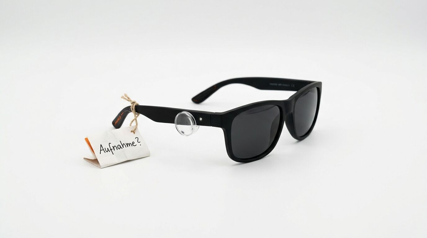 Schwarze Sonnenbrille mit Ansteck-Mikrofon und handgeschriebenem Anhänger