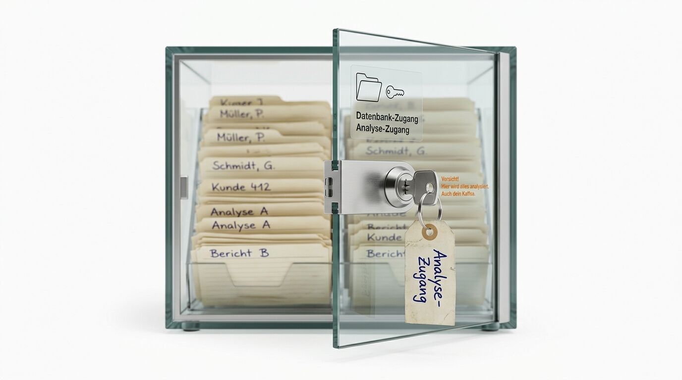 Glasvitrine mit Karteikarten und aufstehendem Schlüssel mit Anhänger „Analyse-Zugang“