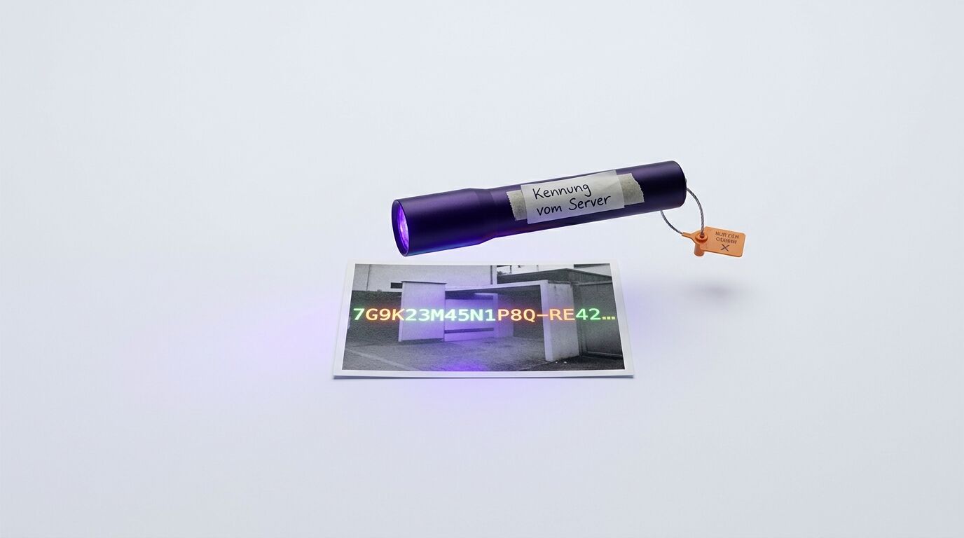 UV-Taschenlampe beleuchtet ein Foto, darauf fluoreszierender Code und Textetikett