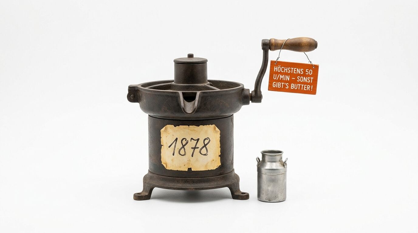 Antike Eisenmaschine mit Kurbel, Zettel „1878“, Warnschild und kleiner Kanne
