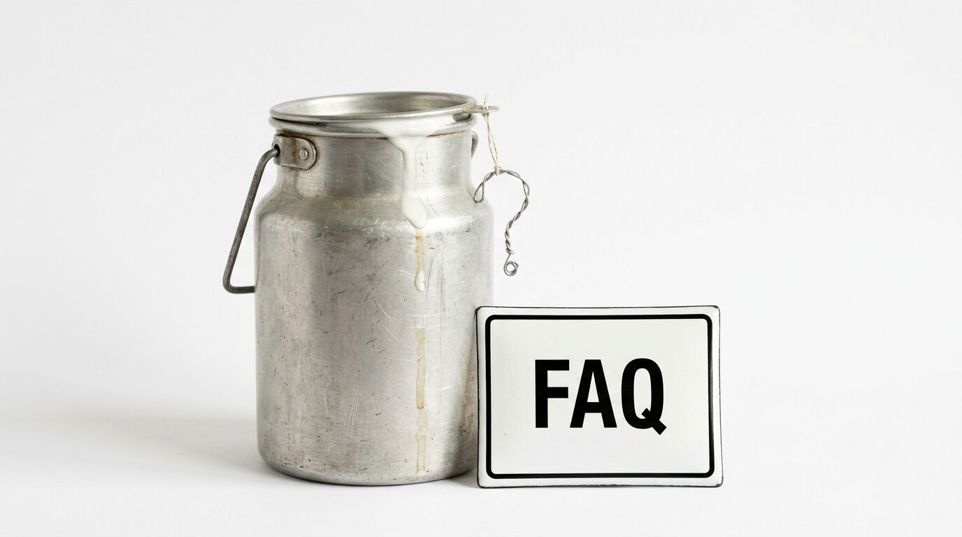 Aluminium-Milchkanne mit überlaufender Flüssigkeit, Fragezeichendraht und FAQ-Schild vor Weiß