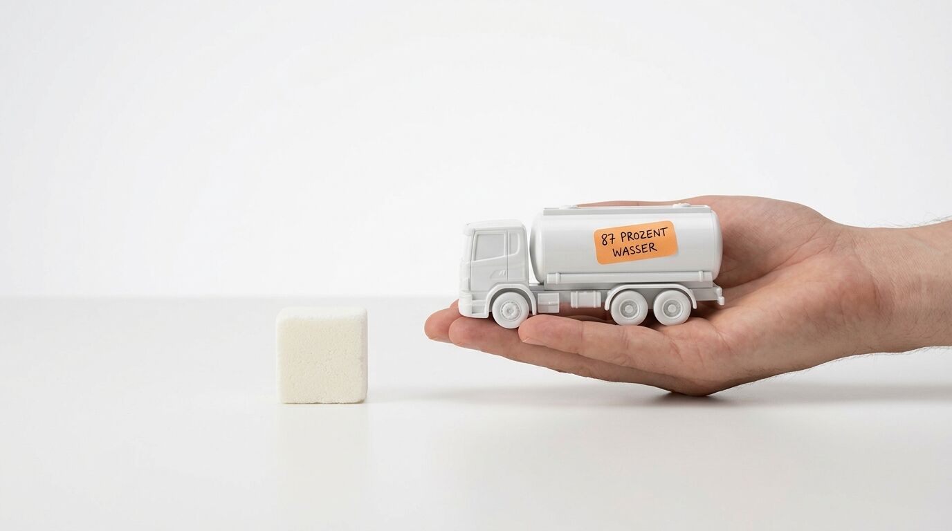 Ein Würfel Zucker neben einer Hand mit einem Spielzeugtastwagen mit Aufschrift