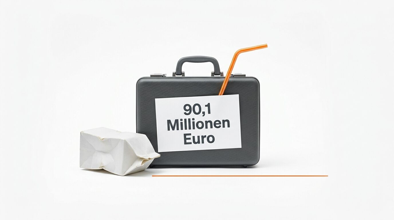 Koffer mit Text „90,1 Millionen Euro“ und Strohhalm neben zerknittertem Karton