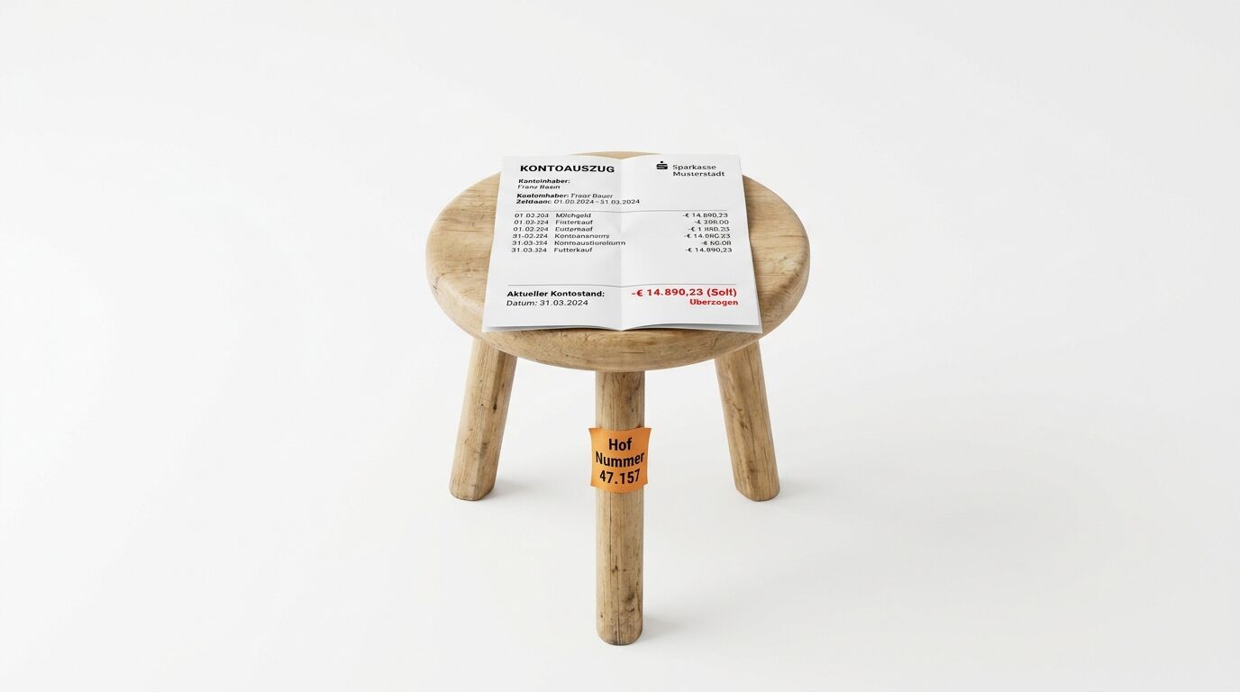 Holzhocker mit Kontoauszug und oranger Ohrmarke vor weißem Hintergrund