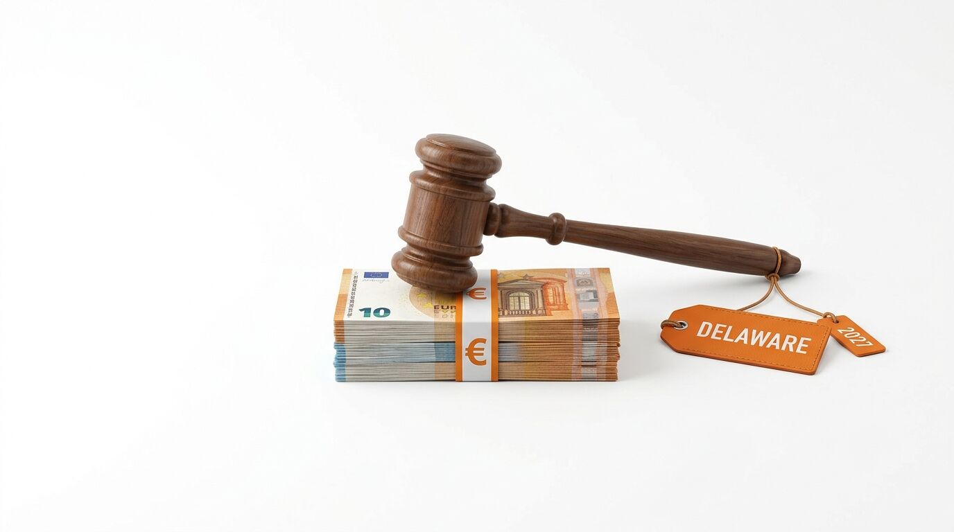 Ein Auktionshammer auf einem Geldscheinbündel mit zwei Anhängern „Delaware“ und „2027“ auf weißem Hintergrund