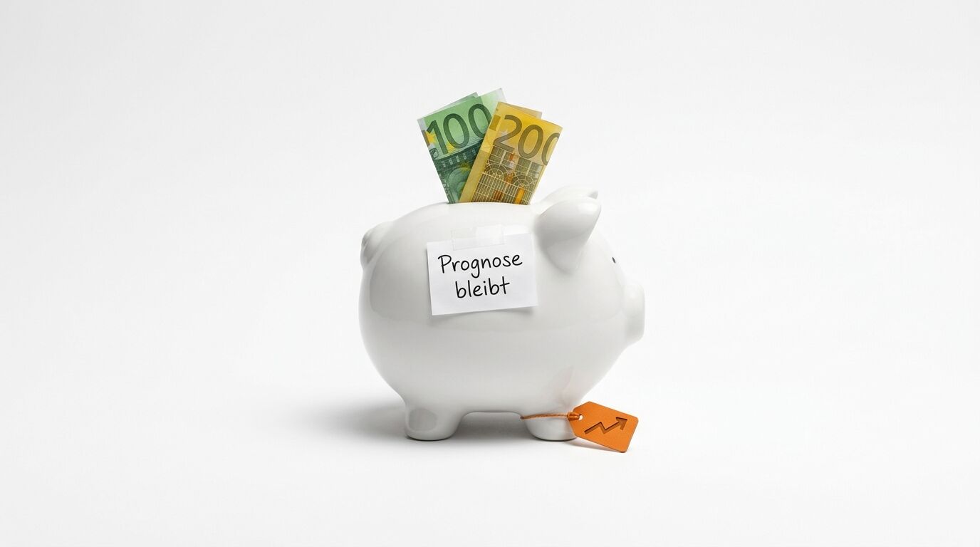 Ein Sparschwein mit Euroscheinen und der Notiz „Prognose bleibt“ auf weißem Hintergrund