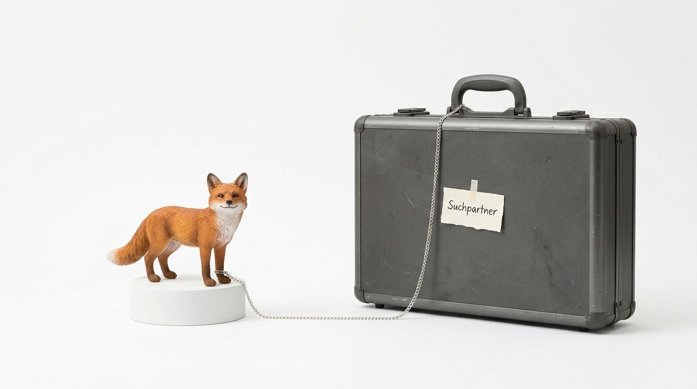 Fuchsfigur mit Kette an Koffer, auf dem „Suchpartner“ steht. Weißer Hintergrund
