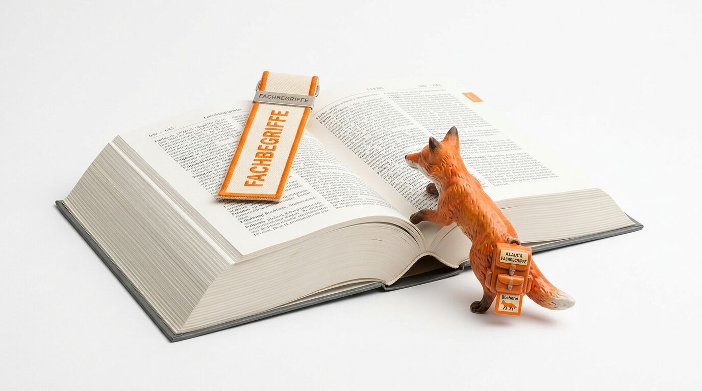 Geöffnetes Buch mit Lesezeichen „FACHBEGRIFFE“ und Fuchs-Spielfigur vor weißem Hintergrund
