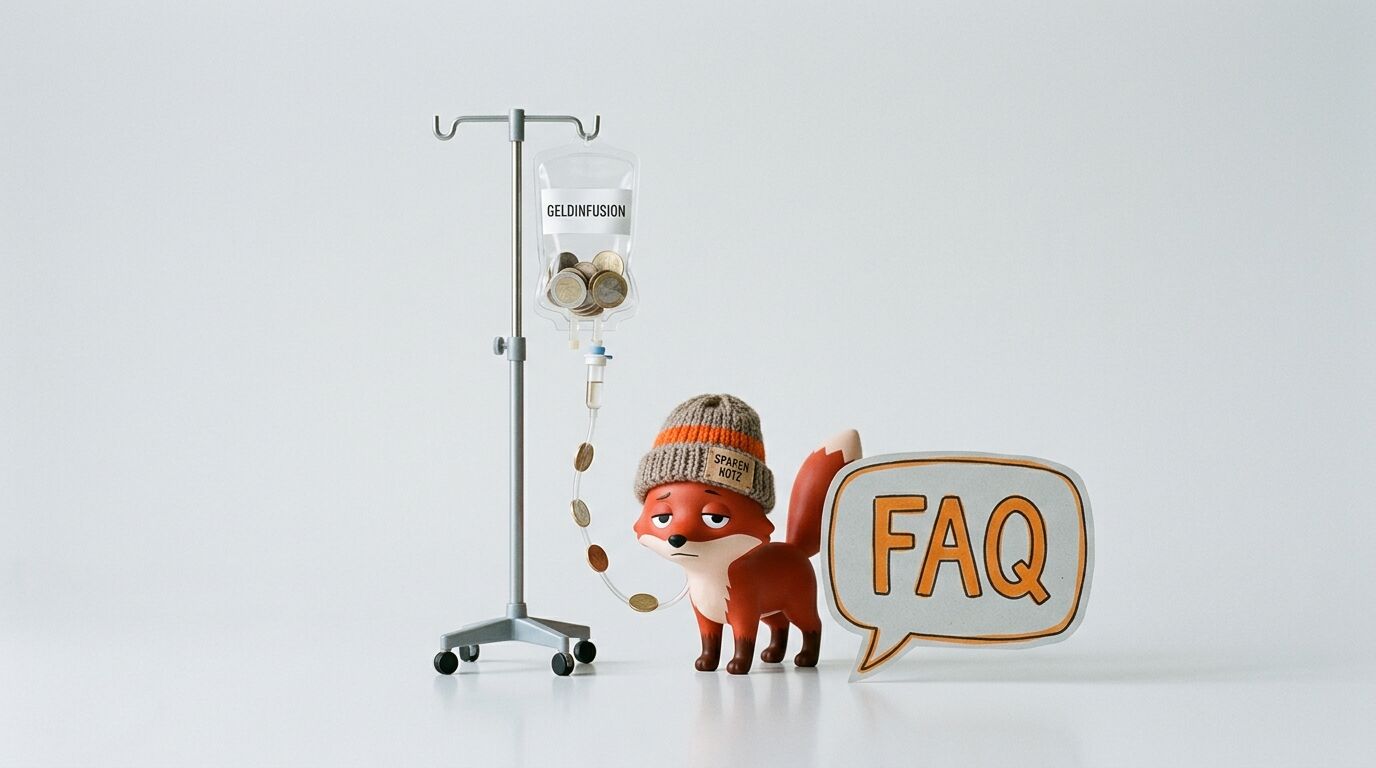 Fuchs mit Mütze, Münzinfusion am Ständer und Sprechblase mit „FAQ“