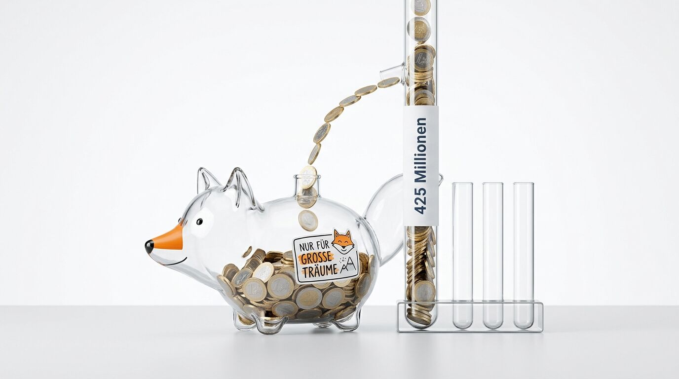 Glas-Fuchs-Sparschwein füllt sich mit Euro-Münzen aus einem Reagenzglas