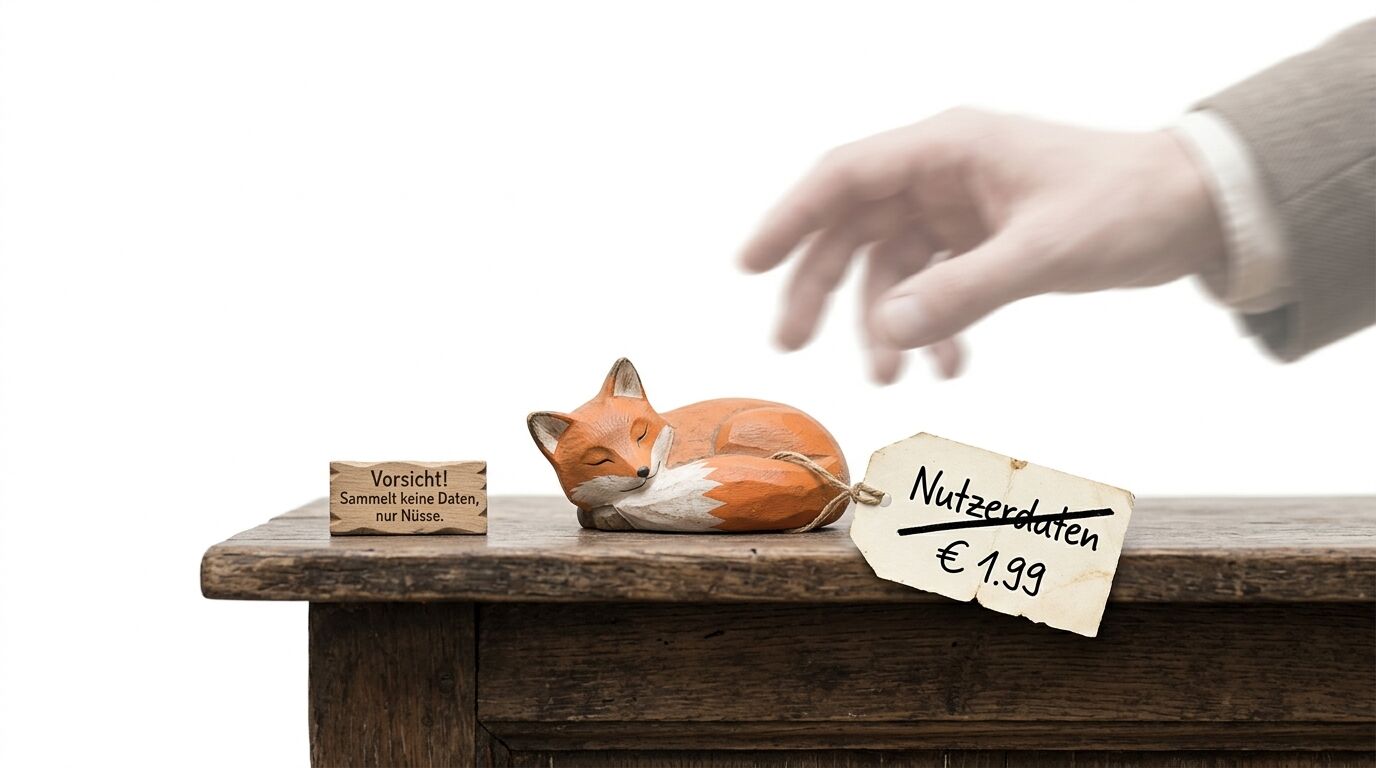Holzfuchs mit Preis- und Hinweisschild auf Tisch, eine Hand greift im Hintergrund