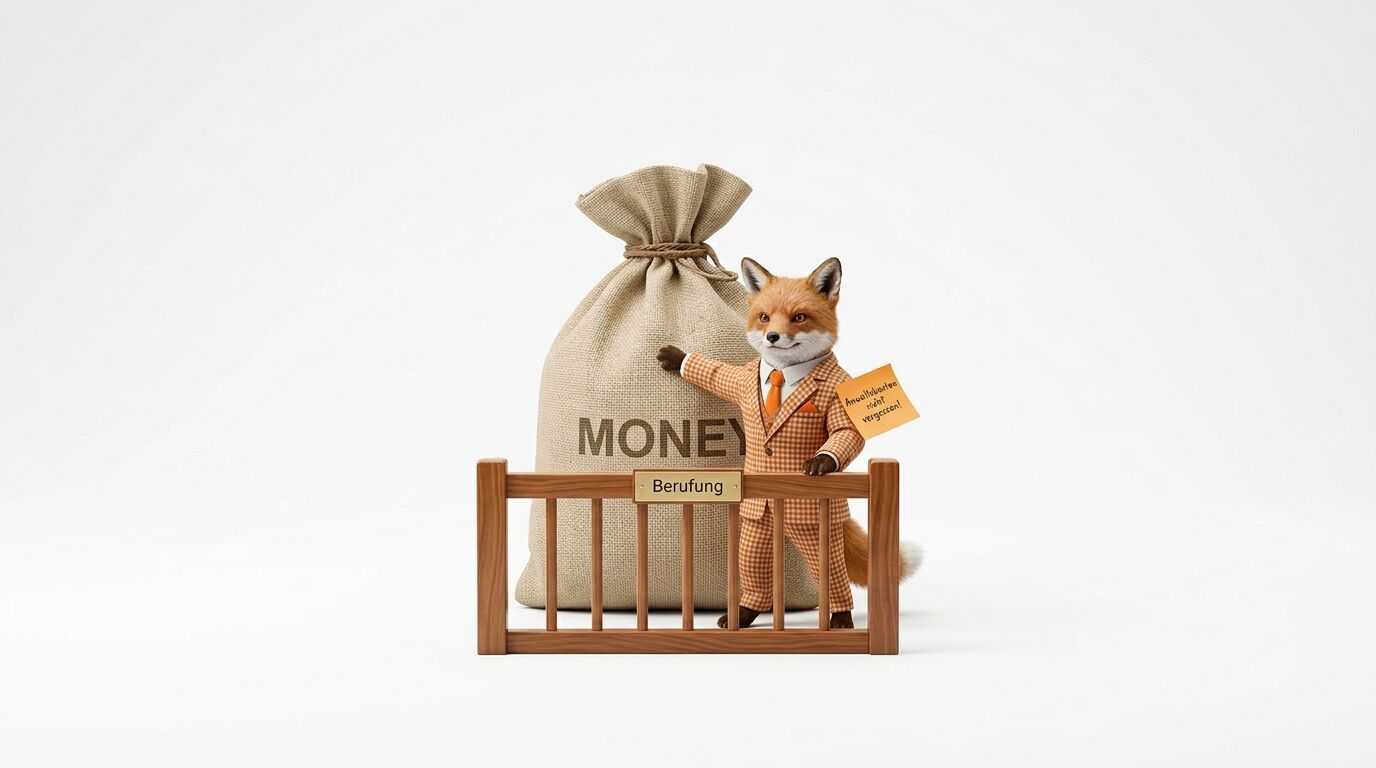 Ein angezogener Fuchs steht mit Geldsack hinter einer Anklagebank mit der Aufschrift „Berufung“