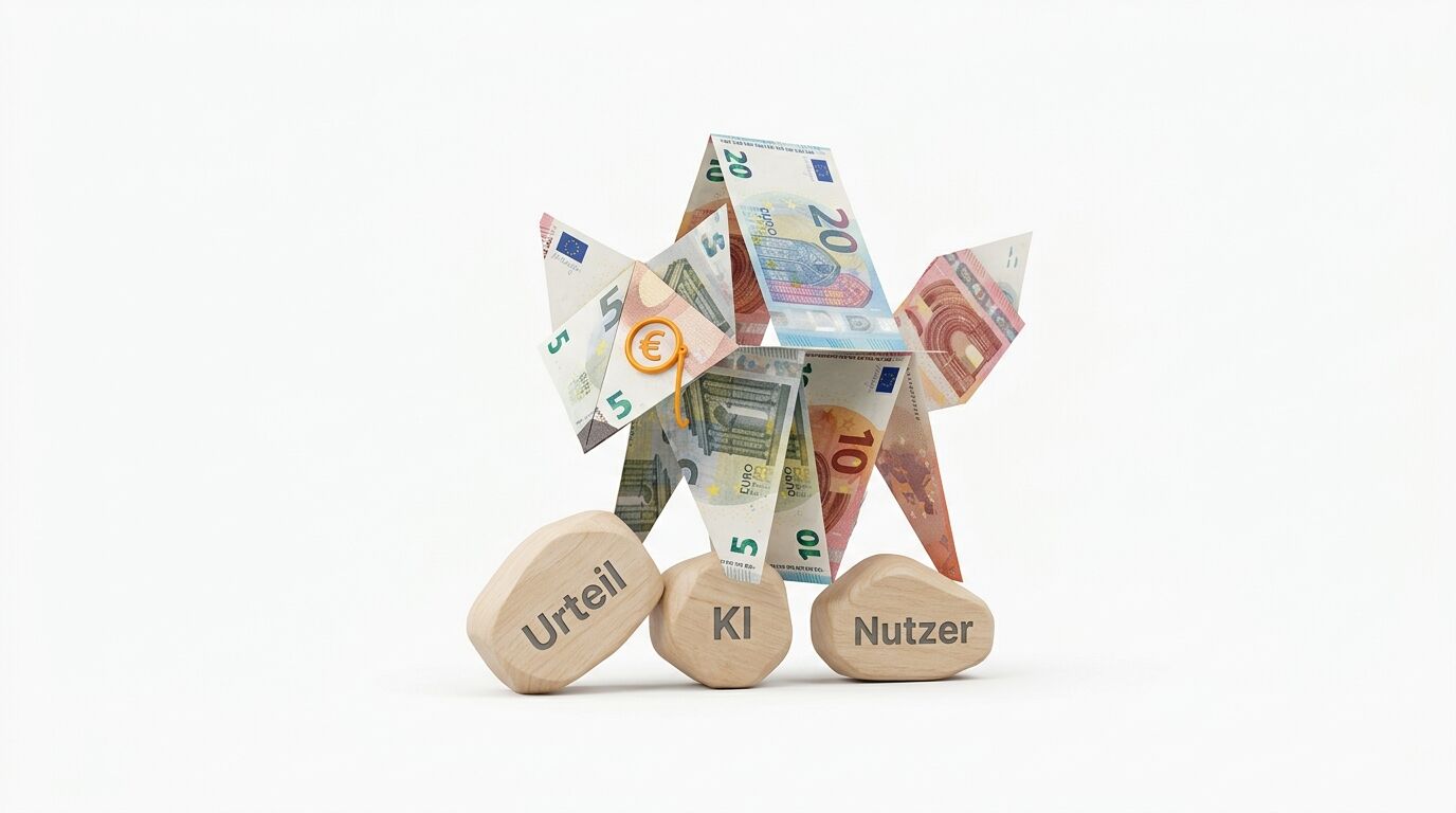 Origami-Pferd aus Euro-Scheinen auf Holzsteinen mit Text vor weißem Hintergrund