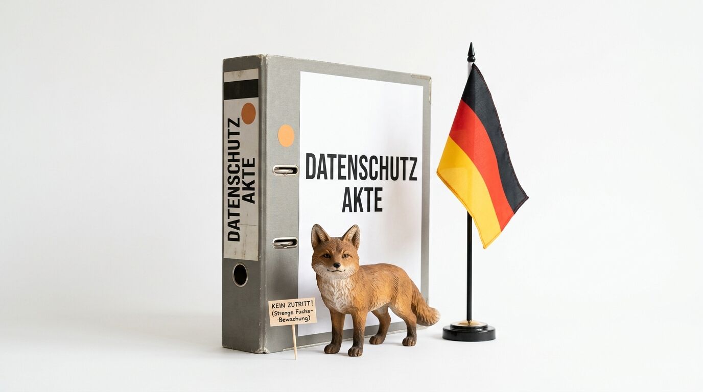 „DATENSCHUTZ AKTE“-Ordner, Fuchsfigur, Warnschild und Deutschland-Fahne vor weißem Hintergrund