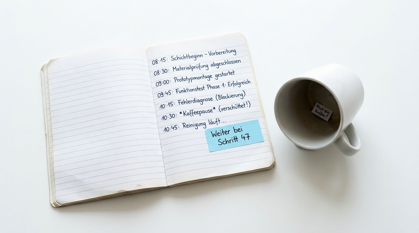 Ein offenes Notizbuch mit einem Arbeitsplan und eine leere Kaffeetasse daneben