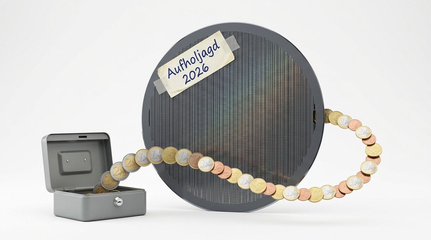 Wafer mit Zettel „Aufholjagd 2026“, Geldkassette und Euromünzenkette auf weißem Grund