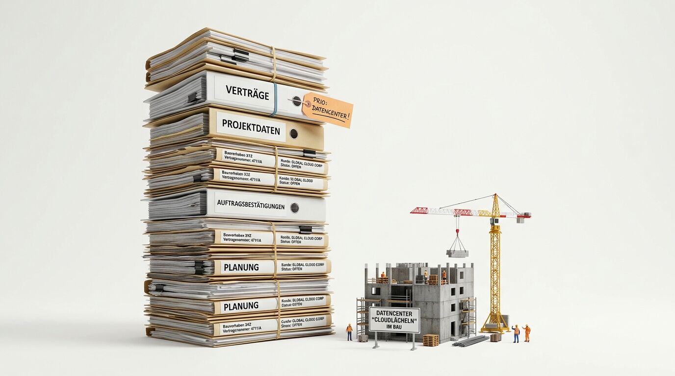 Hoher Stapel Aktenordner neben einer Miniatur-Baustelle eines Datencenters vor weißem Hintergrund